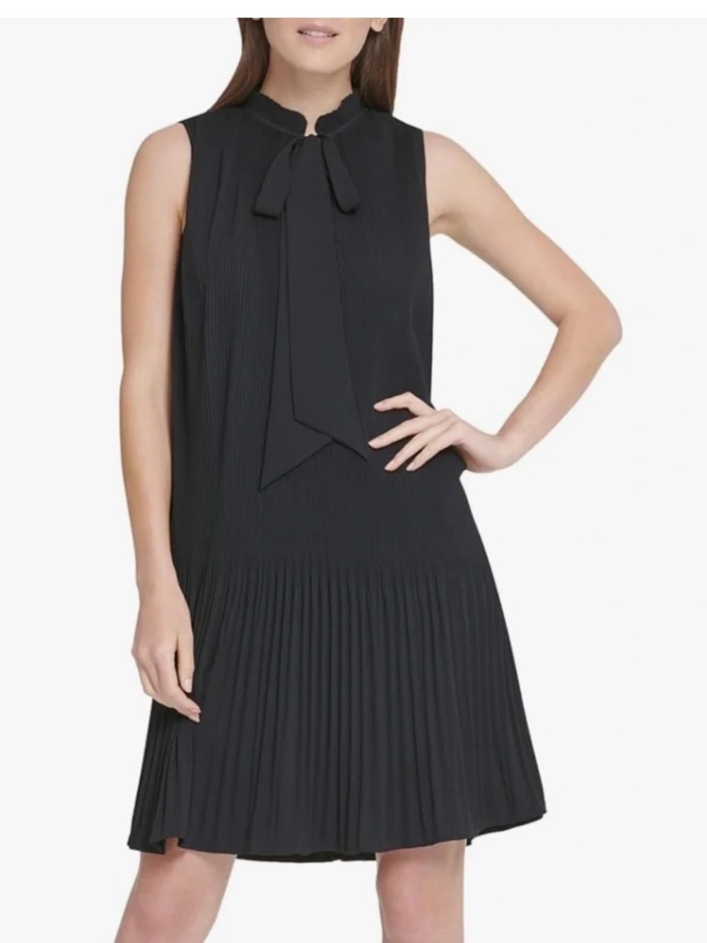 DKNY Women's Black Sleeveless Cocktail Tie-Neck Pleated Midi Dress SZ 6